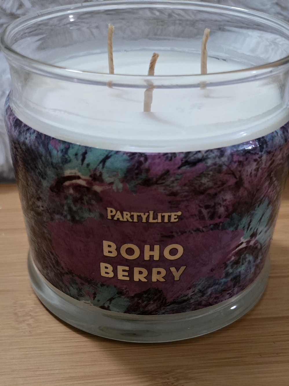 NIB-PartyLite Boho Berry 3-Wick Candle - Purple & Teal Marble Label